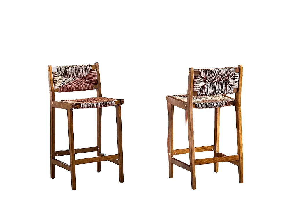 Lot de 2 tabourets tressés, en bois massif, cordage tressé à la main, style rustique, couleur Noix