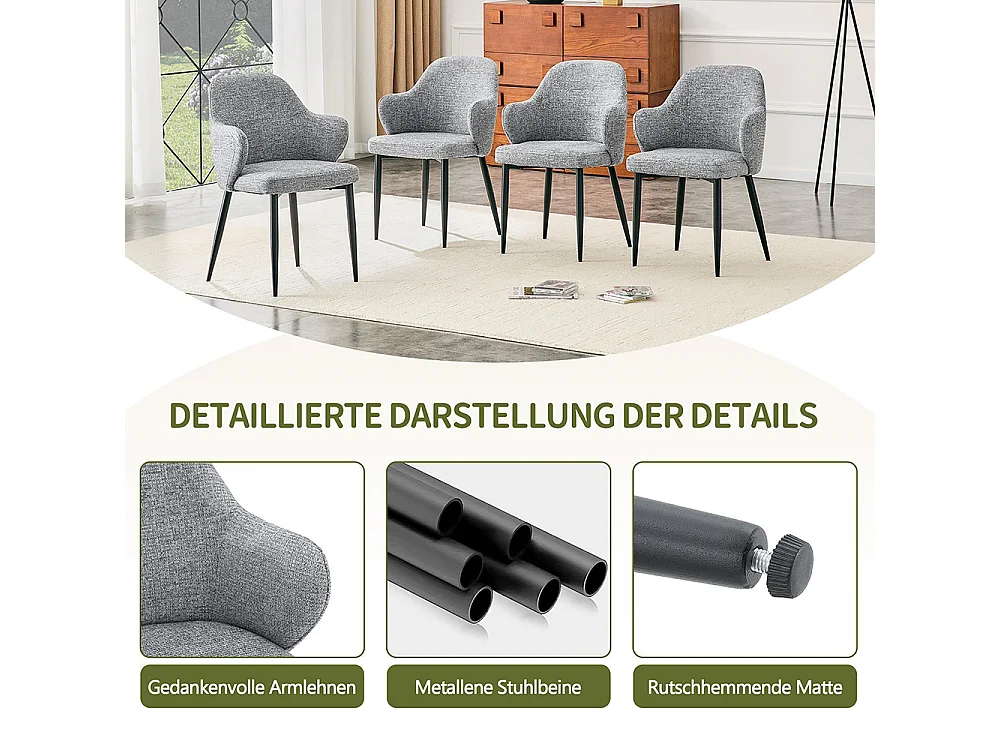 Set van twee eetkamerstoelen, met kruisvormige metalen poten en een brede, omhullende rugleuning, grijs