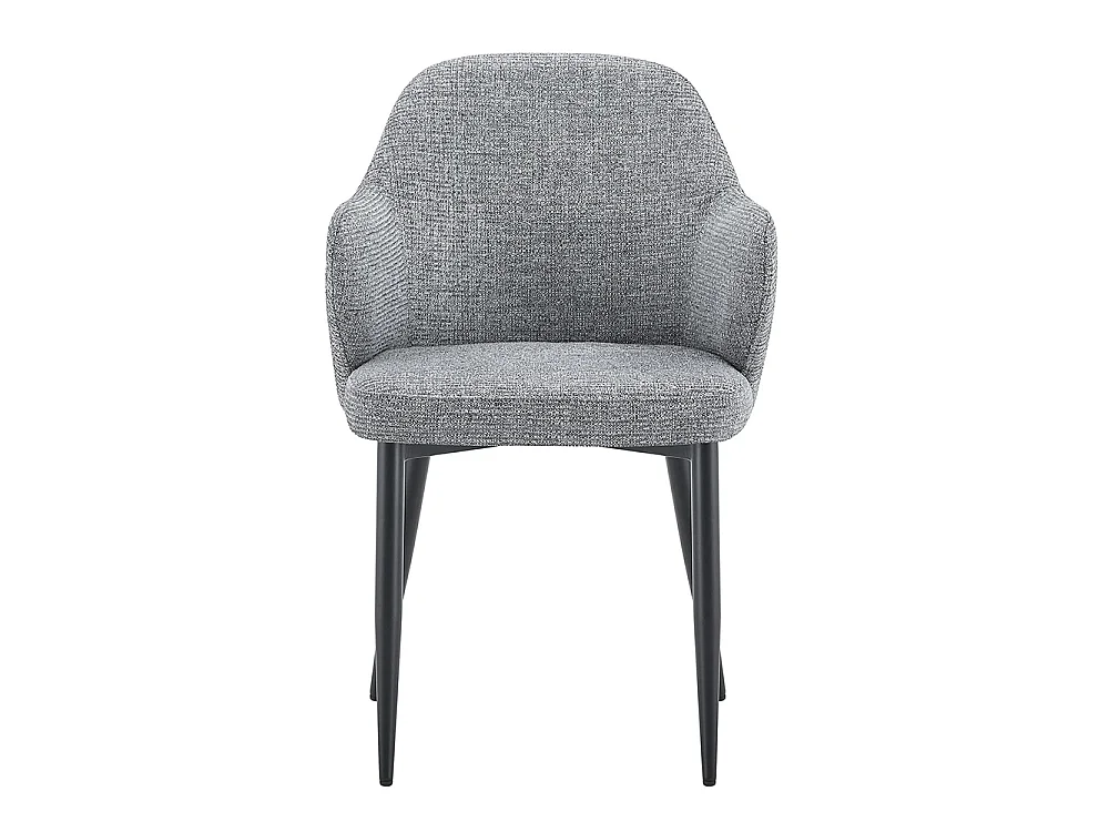 Set van twee eetkamerstoelen, met kruisvormige metalen poten en een brede, omhullende rugleuning, grijs