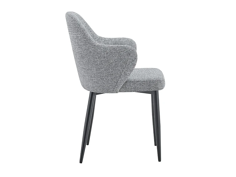 Set van twee eetkamerstoelen, met kruisvormige metalen poten en een brede, omhullende rugleuning, grijs