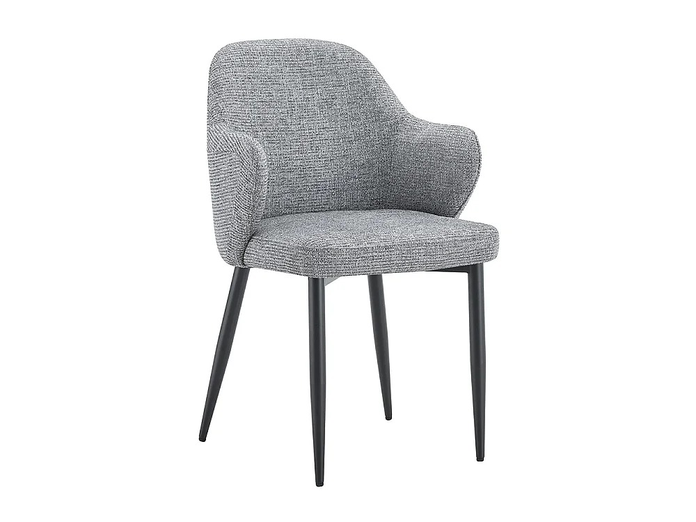 Set van twee eetkamerstoelen, met kruisvormige metalen poten en een brede, omhullende rugleuning, grijs