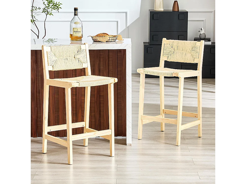 Lot de 2 tabourets tressés, en bois massif, cordage tressé à la main, style rustique, couleur bois