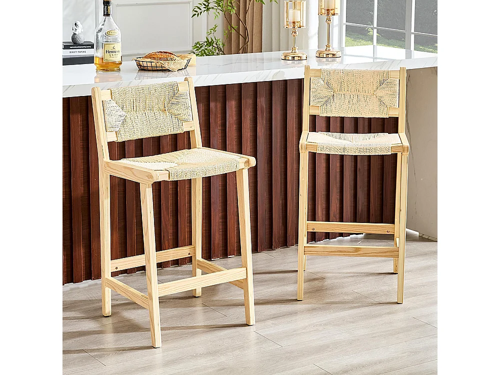 Lot de 2 tabourets tressés, en bois massif, cordage tressé à la main, style rustique, couleur bois