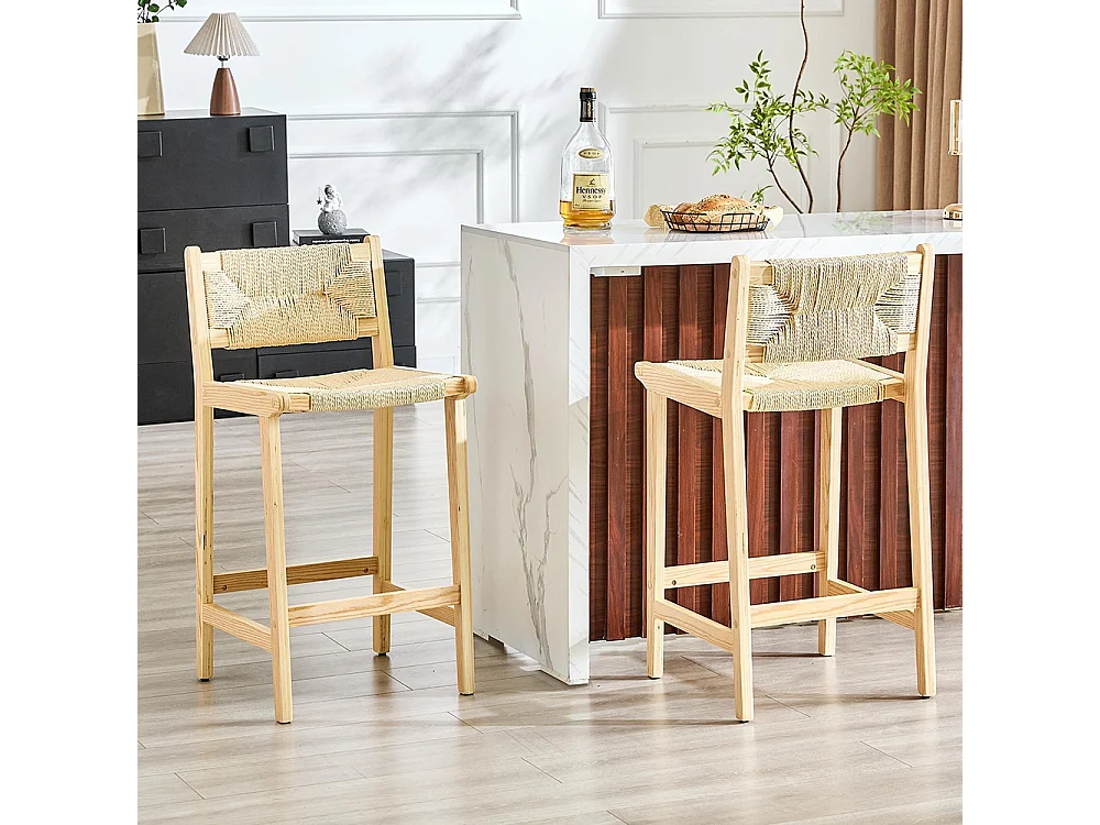 Lot de 2 tabourets tressés, en bois massif, cordage tressé à la main, style rustique, couleur bois