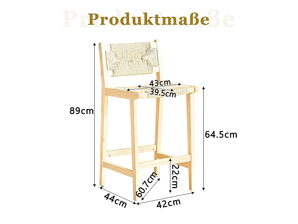 Lot de 2 tabourets tressés, en bois massif, cordage tressé à la main, style rustique, couleur bois