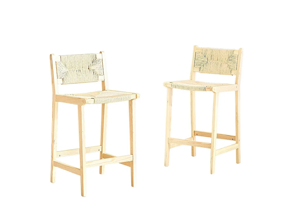 Lot de 2 tabourets tressés, en bois massif, cordage tressé à la main, style rustique, couleur bois