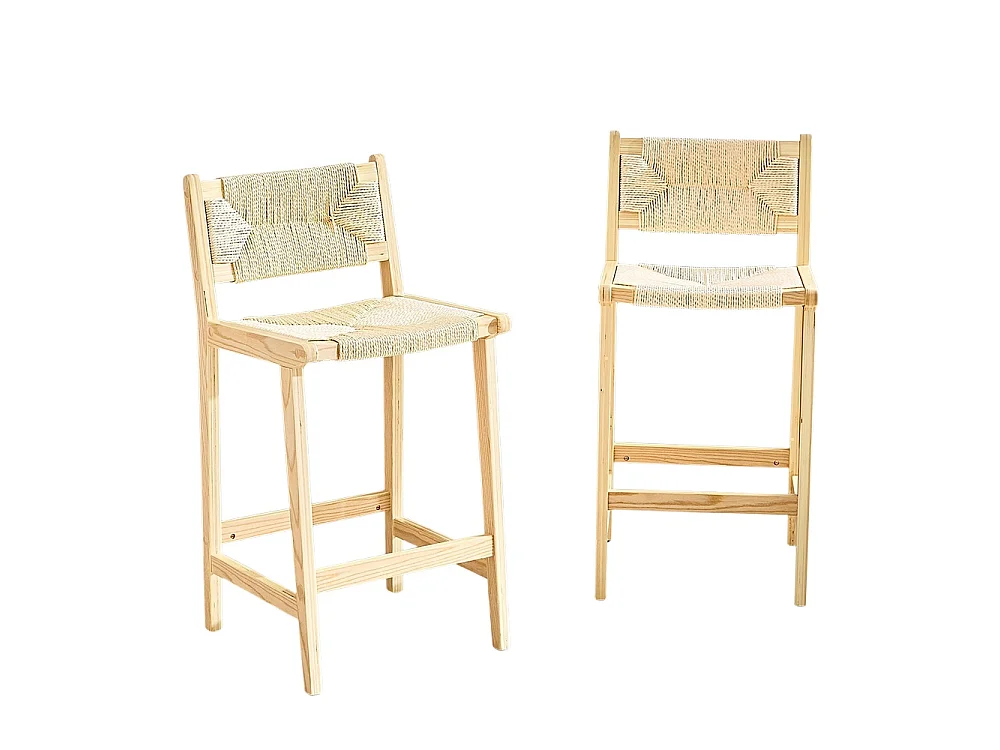 Lot de 2 tabourets tressés, en bois massif, cordage tressé à la main, style rustique, couleur bois