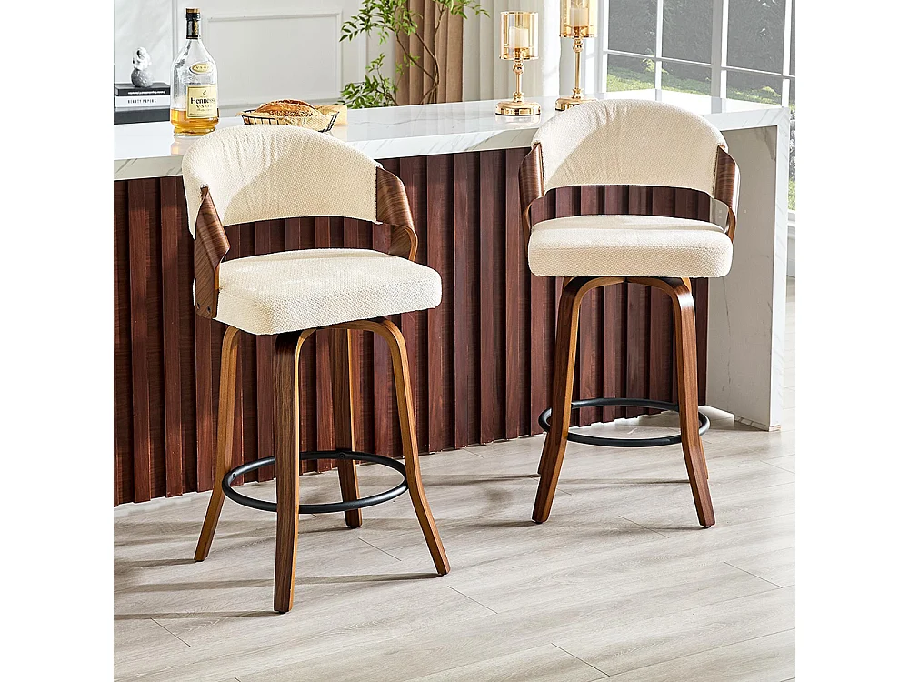 Lote de 2 bancos de bar com encosto, estrutura em madeira, couro PU, 95 cm, bancos de bar, branco
