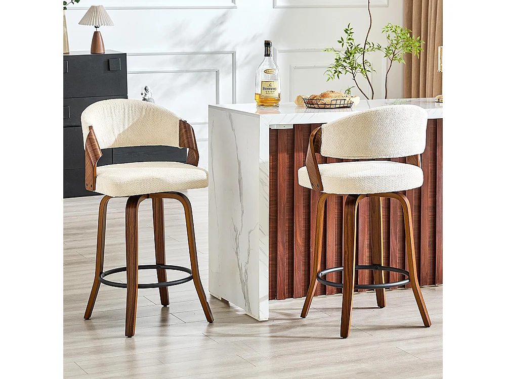 Lote de 2 bancos de bar com encosto, estrutura em madeira, couro PU, 95 cm, bancos de bar, branco