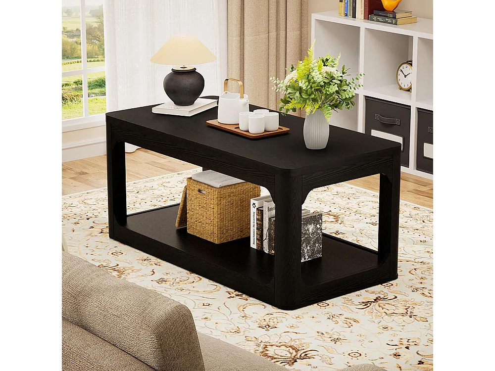 Tavolino, lungo 100 cm, dotato di due vani portaoggetti, piano dello spessore di 3 cm, nero