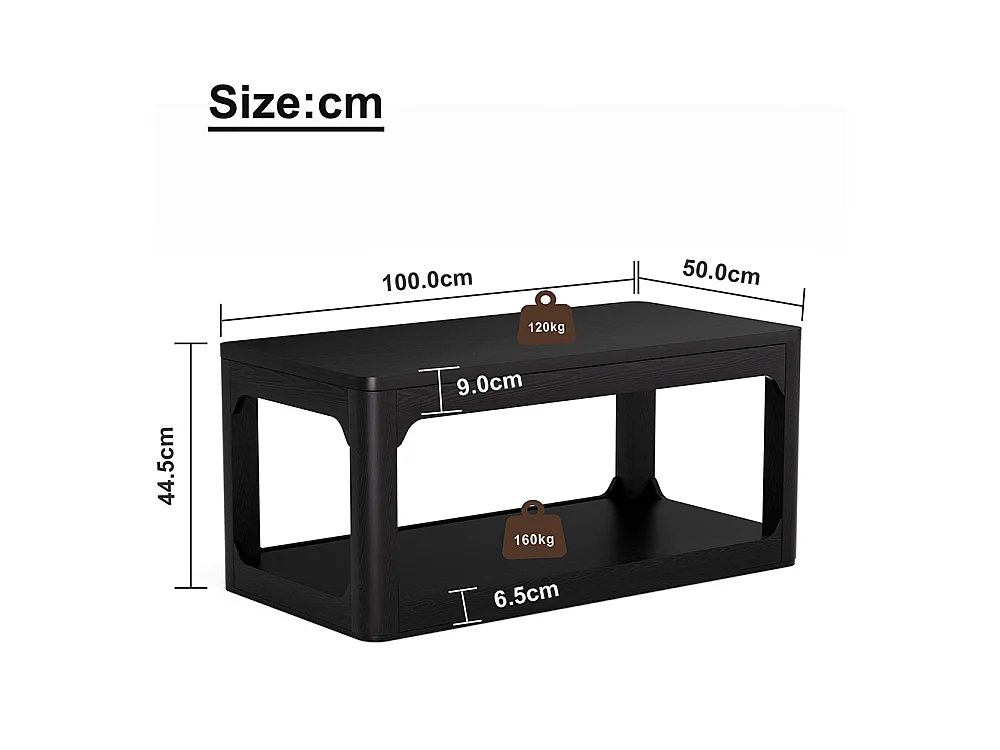 Tavolino, lungo 100 cm, dotato di due vani portaoggetti, piano dello spessore di 3 cm, nero
