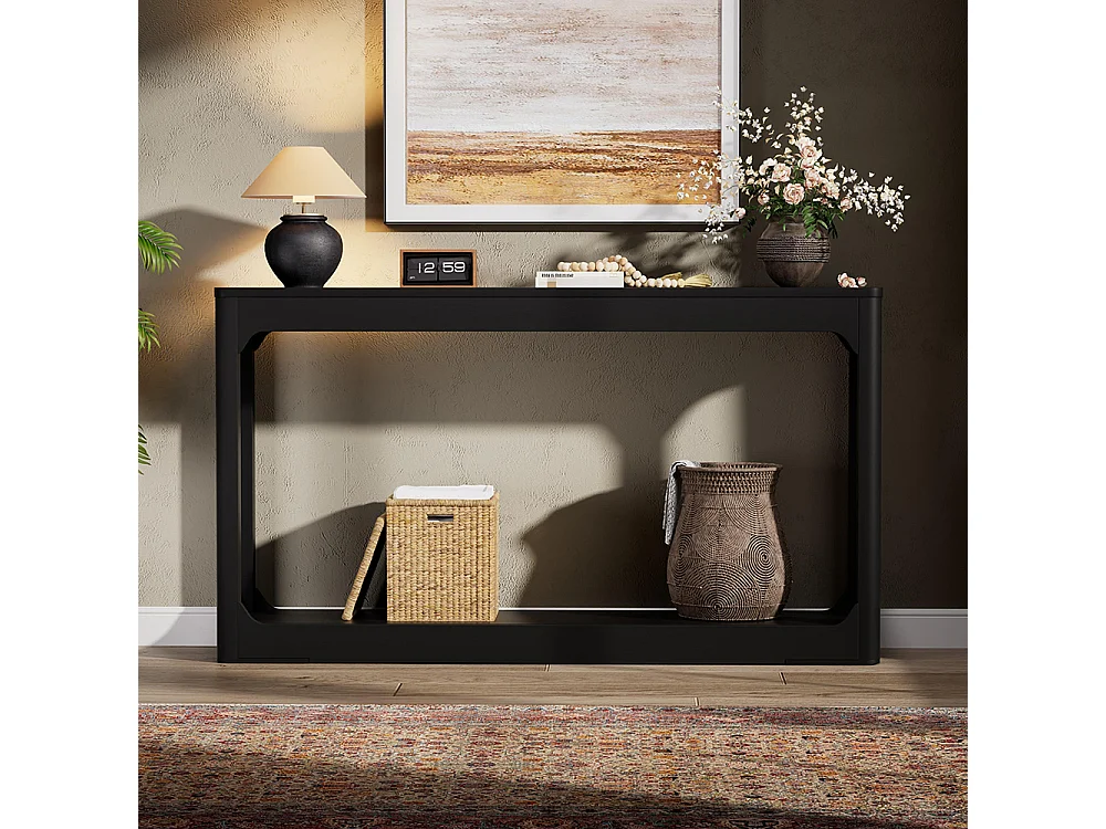 Table d'appoint avec rangement, modèle à deux niveaux, idéale à placer derrière un canapé, Noir