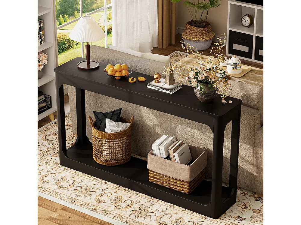 Table d'appoint avec rangement, modèle à deux niveaux, idéale à placer derrière un canapé, Noir