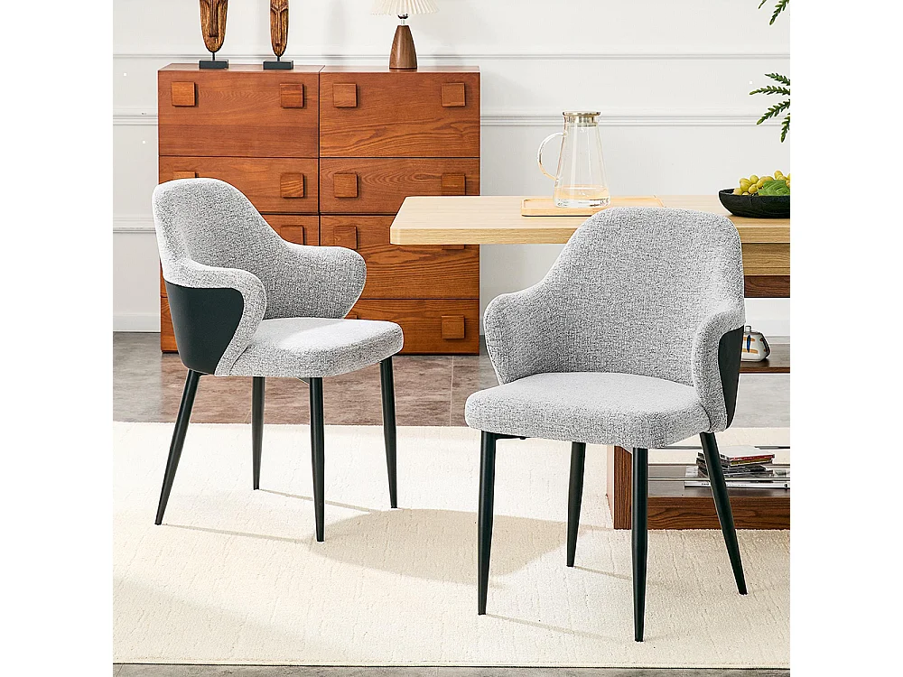 Set van twee eetkamerstoelen, met een combinatie van grijze stof en zwart PU-leer, met een rugleuning van zwart PU-leer,  grijs