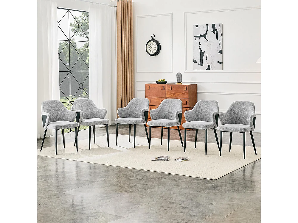 Set van twee eetkamerstoelen, met een combinatie van grijze stof en zwart PU-leer, met een rugleuning van zwart PU-leer,  grijs