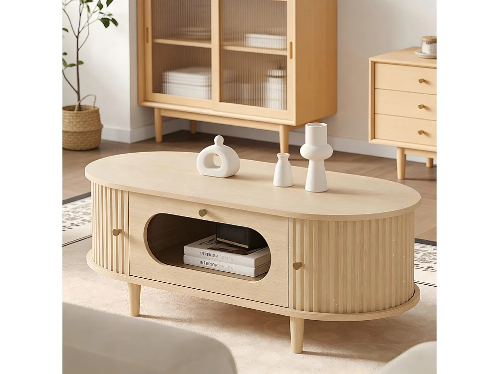 Table basse de salon 100 x 50 x 36 cm, avec un tiroir, un volet roulant et 4 pieds, couleur chêne