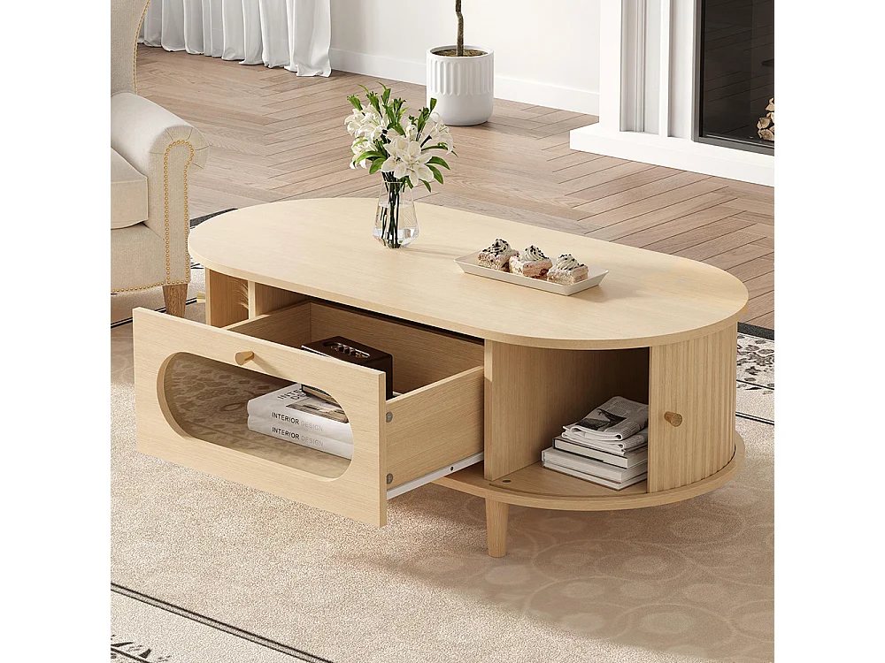 Table basse de salon 100 x 50 x 36 cm, avec un tiroir, un volet roulant et 4 pieds, couleur chêne