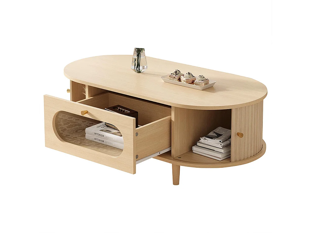 Table basse de salon 100 x 50 x 36 cm, avec un tiroir, un volet roulant et 4 pieds, couleur chêne