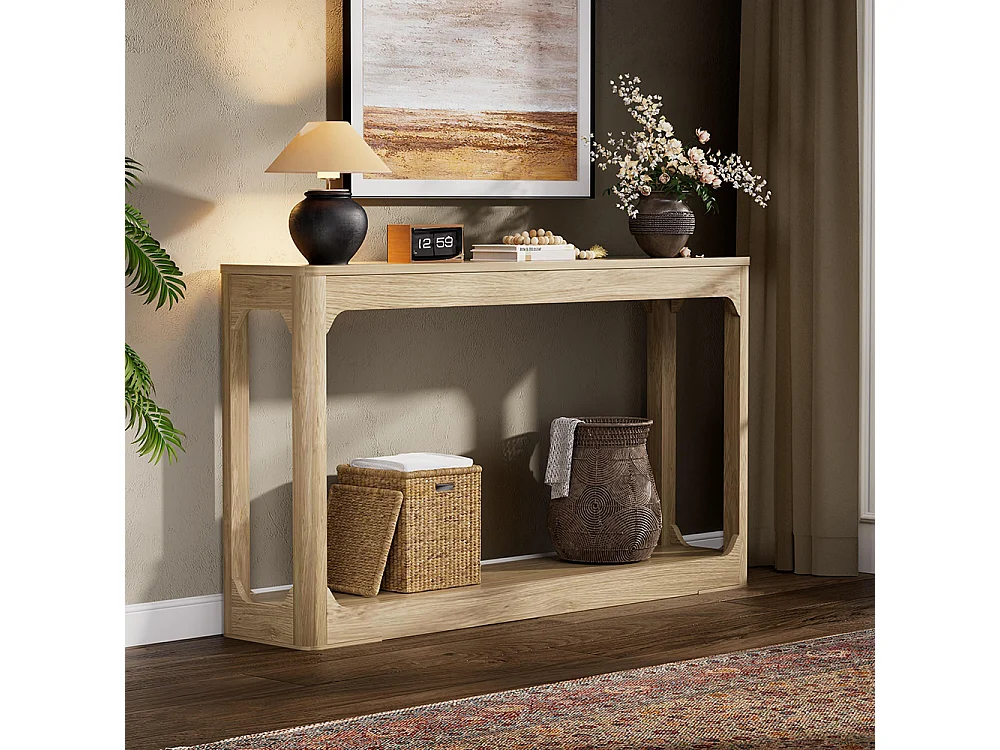 Table d'appoint avec rangement, modèle à deux niveaux, idéale à placer derrière un canapé, couleur bois naturel