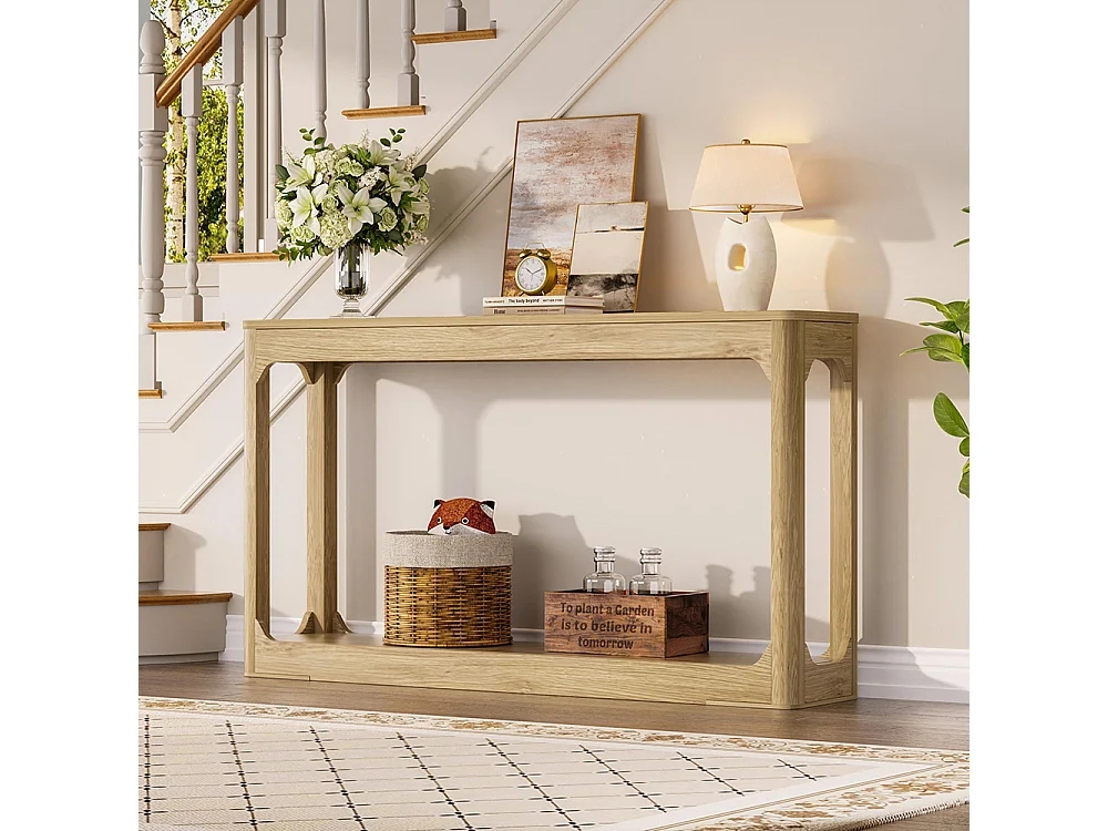 Table d'appoint avec rangement, modèle à deux niveaux, idéale à placer derrière un canapé, couleur bois naturel