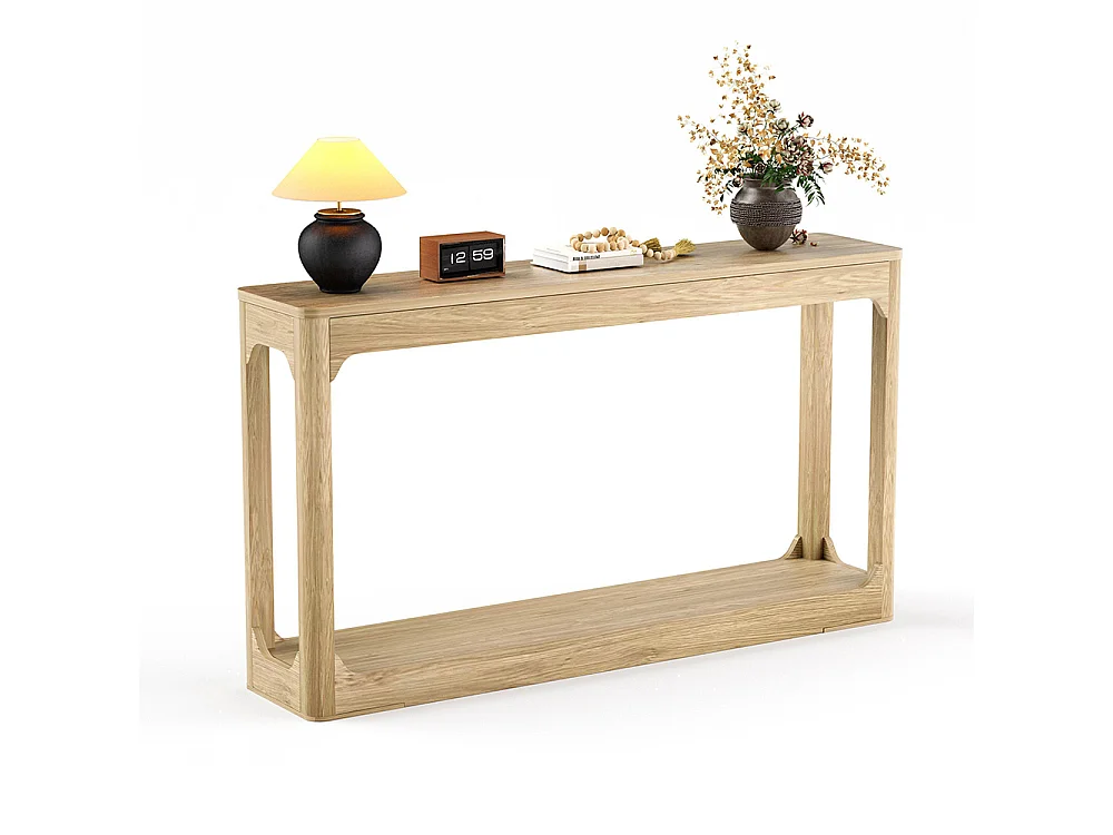 Table d'appoint avec rangement, modèle à deux niveaux, idéale à placer derrière un canapé, couleur bois naturel
