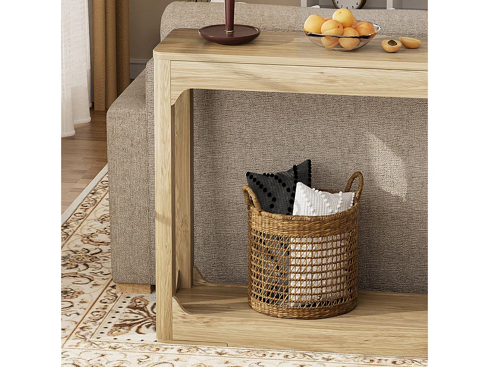 Table d'appoint avec rangement, modèle à deux niveaux, idéale à placer derrière un canapé, couleur bois naturel