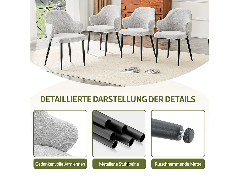Set van twee eetkamerstoelen, met kruisvormige metalen poten en een brede, omhullende rugleuning, lichtgrijs