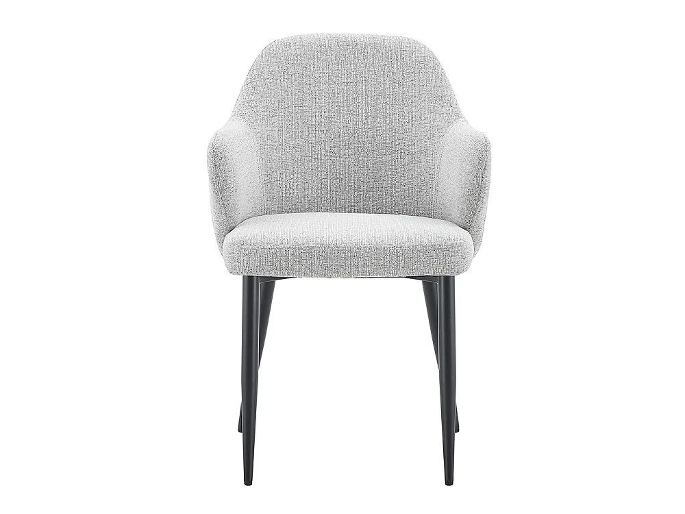 Set van twee eetkamerstoelen, met kruisvormige metalen poten en een brede, omhullende rugleuning, lichtgrijs