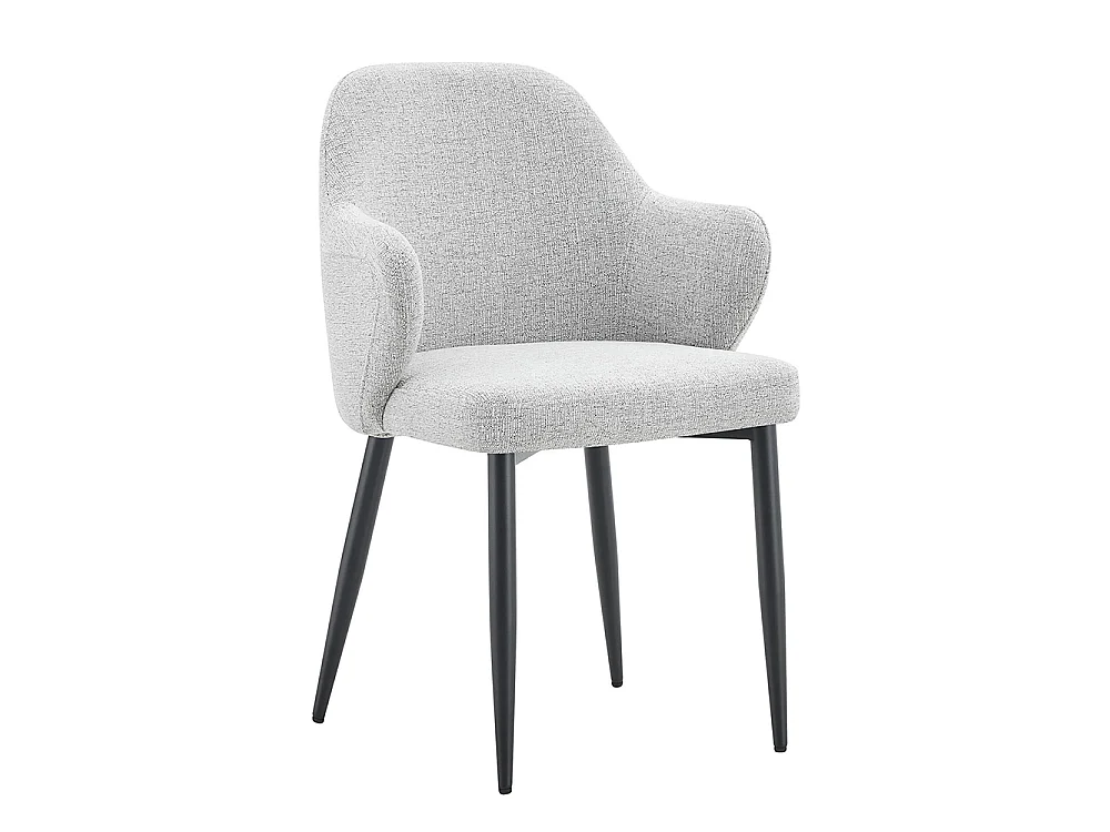 Set van twee eetkamerstoelen, met kruisvormige metalen poten en een brede, omhullende rugleuning, lichtgrijs