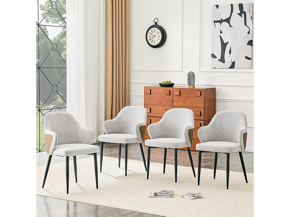 Set van twee eetkamerstoelen, met een combinatie van grijze stof en zwart PU-leer, met een rugleuning van zwart PU-leer,  bruin