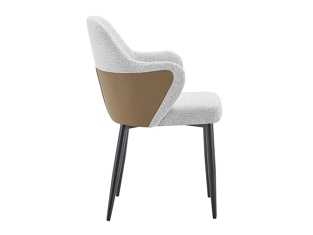 Set van twee eetkamerstoelen, met een combinatie van grijze stof en zwart PU-leer, met een rugleuning van zwart PU-leer,  bruin