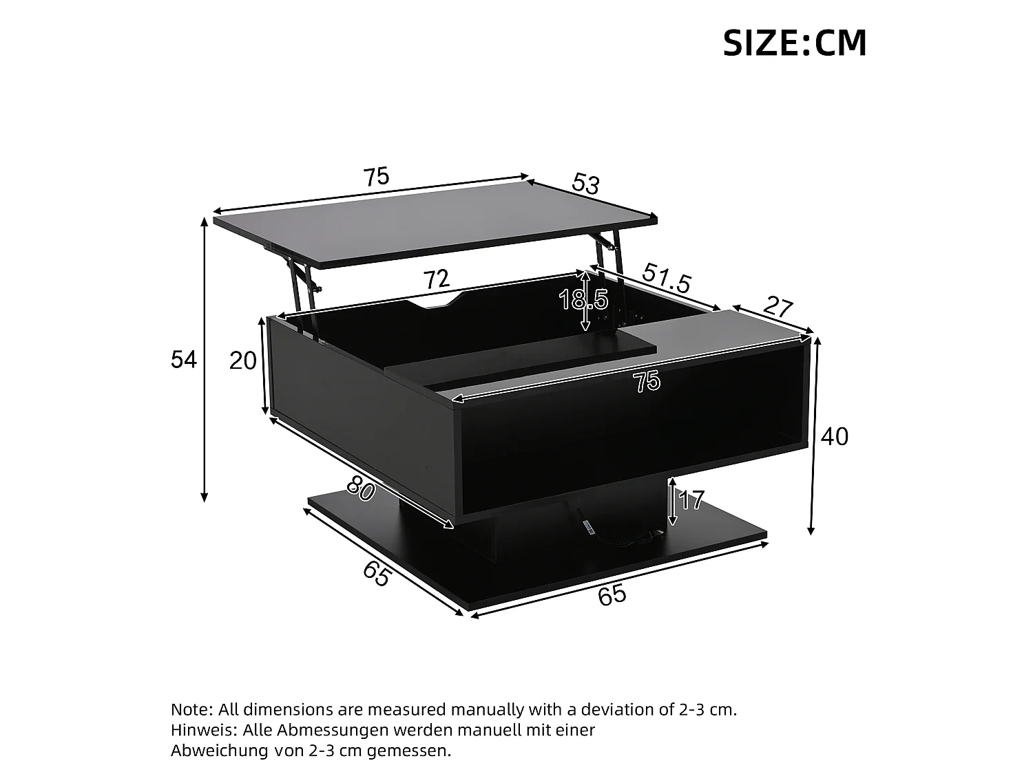 Table basse de 80 × 75 × 40 cm avec système de levage hydraulique, dotée d'un espace de rangement semi-ouvert,noir
