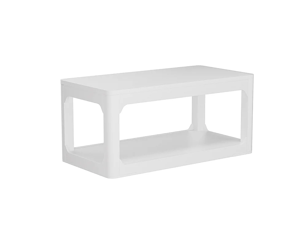 Tavolino da salotto, lungo 100 cm, dotato di due vani portaoggetti, piano dello spessore di 3 cm, bianco
