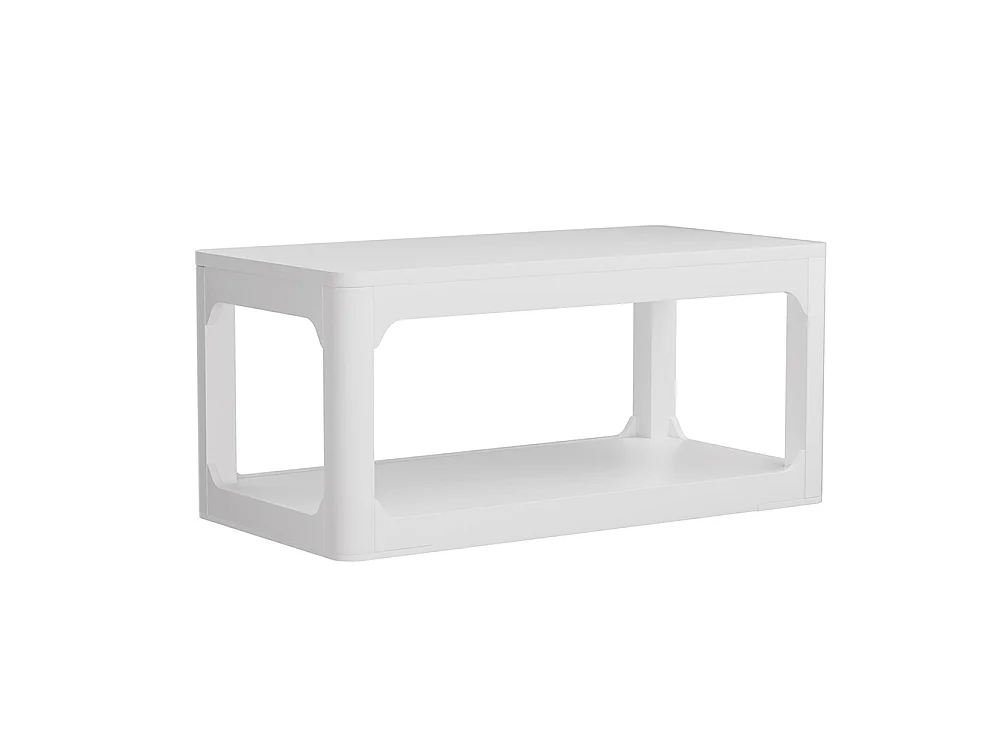 Tavolino da salotto, lungo 100 cm, dotato di due vani portaoggetti, piano dello spessore di 3 cm, bianco