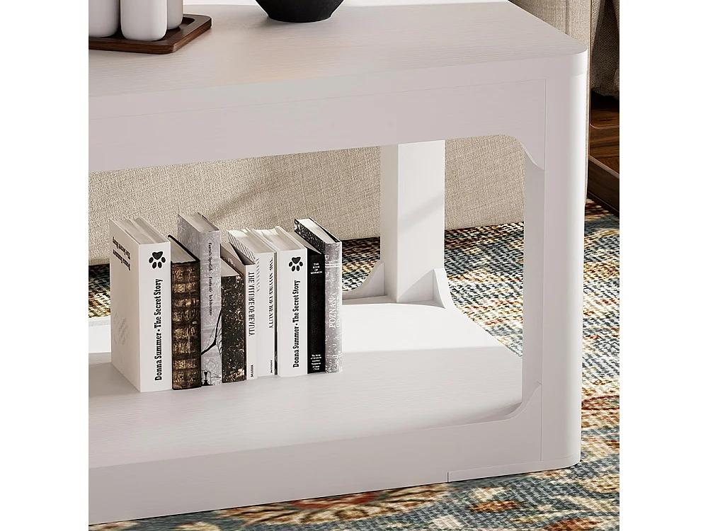 Tavolino da salotto, lungo 100 cm, dotato di due vani portaoggetti, piano dello spessore di 3 cm, bianco