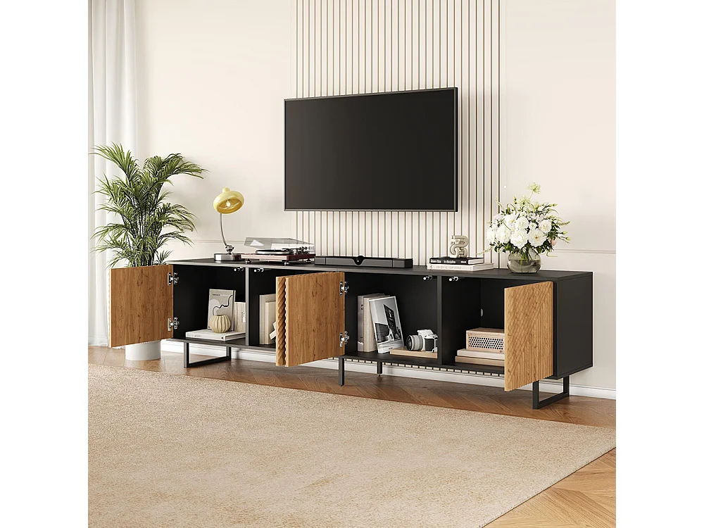 Meuble TV, avec 4 portes, structure moulée sous vide, adapté à un téléviseur de 80 pouces, couleur bois naturel + noir