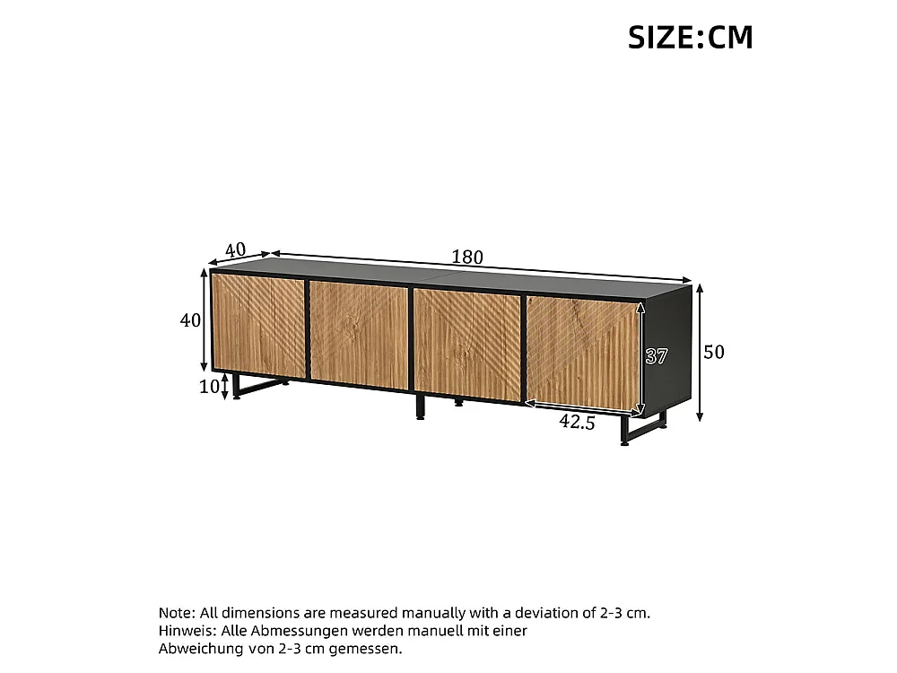 Meuble TV, avec 4 portes, structure moulée sous vide, adapté à un téléviseur de 80 pouces, couleur bois naturel + noir