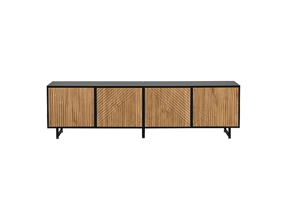 Meuble TV, avec 4 portes, structure moulée sous vide, adapté à un téléviseur de 80 pouces, couleur bois naturel + noir
