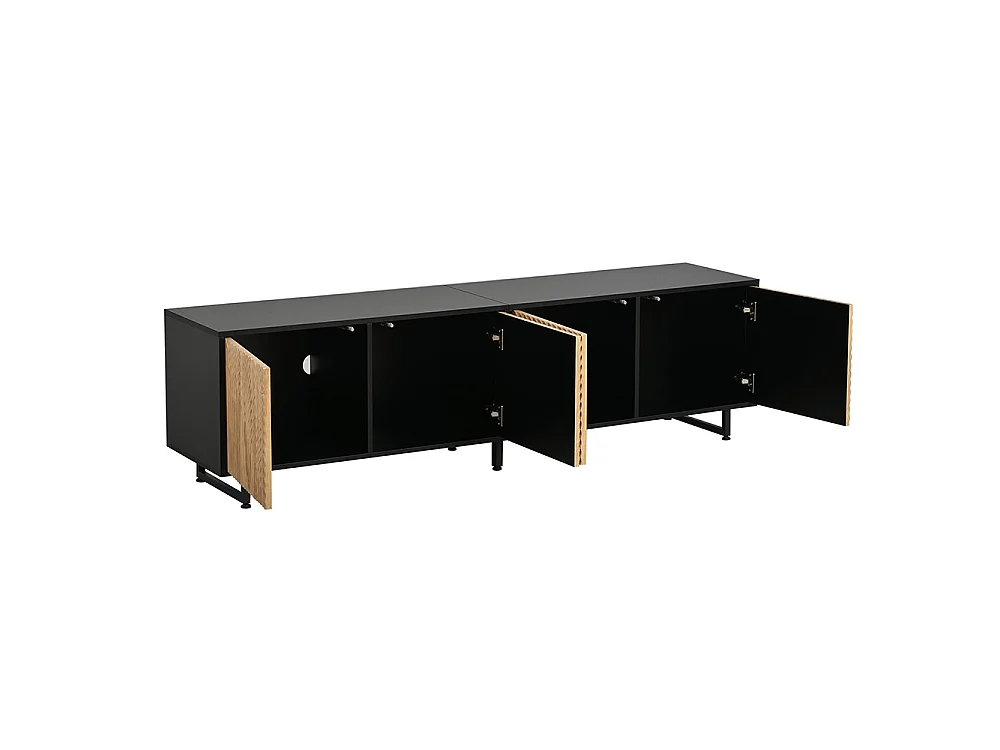Meuble TV, avec 4 portes, structure moulée sous vide, adapté à un téléviseur de 80 pouces, couleur bois naturel + noir