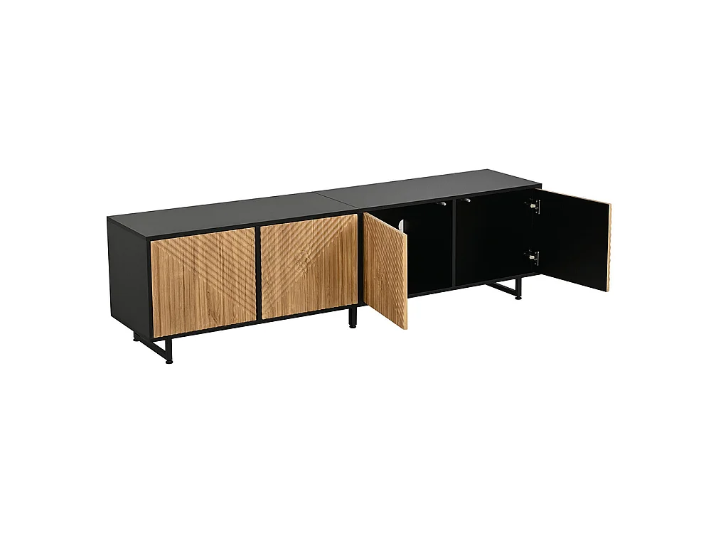 Meuble TV, avec 4 portes, structure moulée sous vide, adapté à un téléviseur de 80 pouces, couleur bois naturel + noir