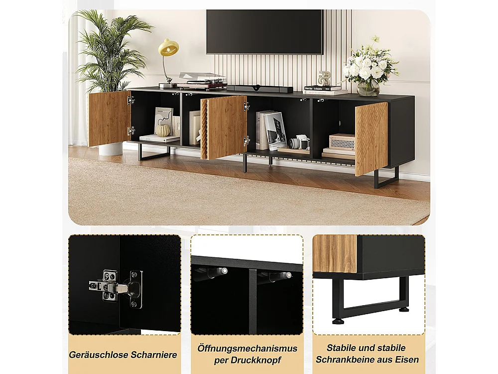 Meuble TV, avec 4 portes, structure moulée sous vide, adapté à un téléviseur de 80 pouces, couleur bois naturel + noir