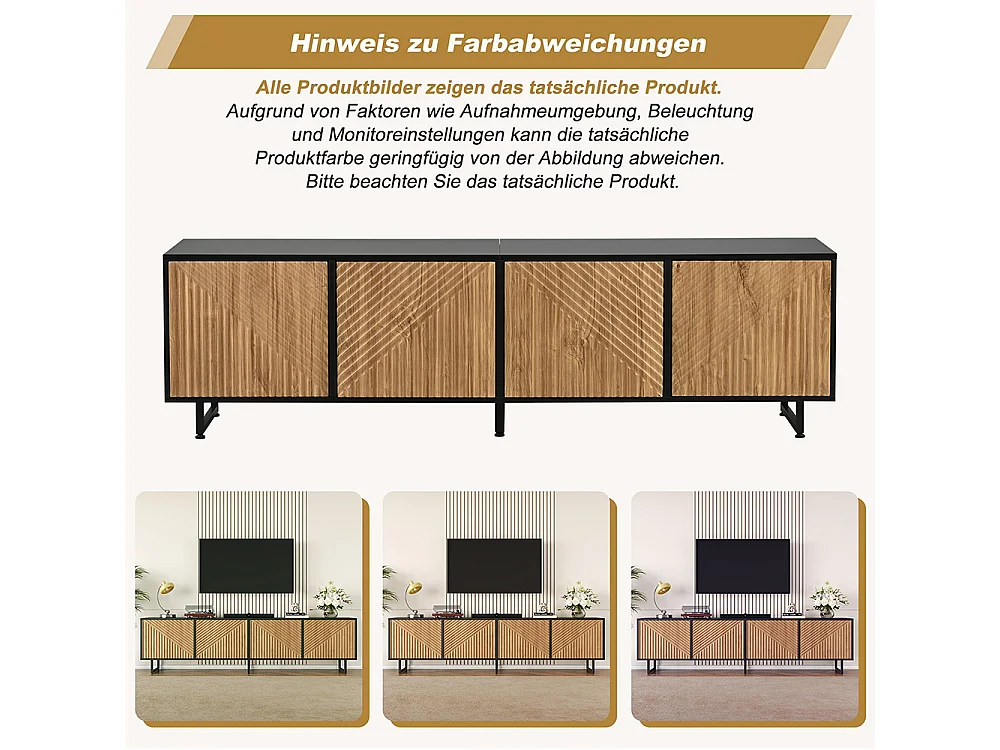 Meuble TV, avec 4 portes, structure moulée sous vide, adapté à un téléviseur de 80 pouces, couleur bois naturel + noir