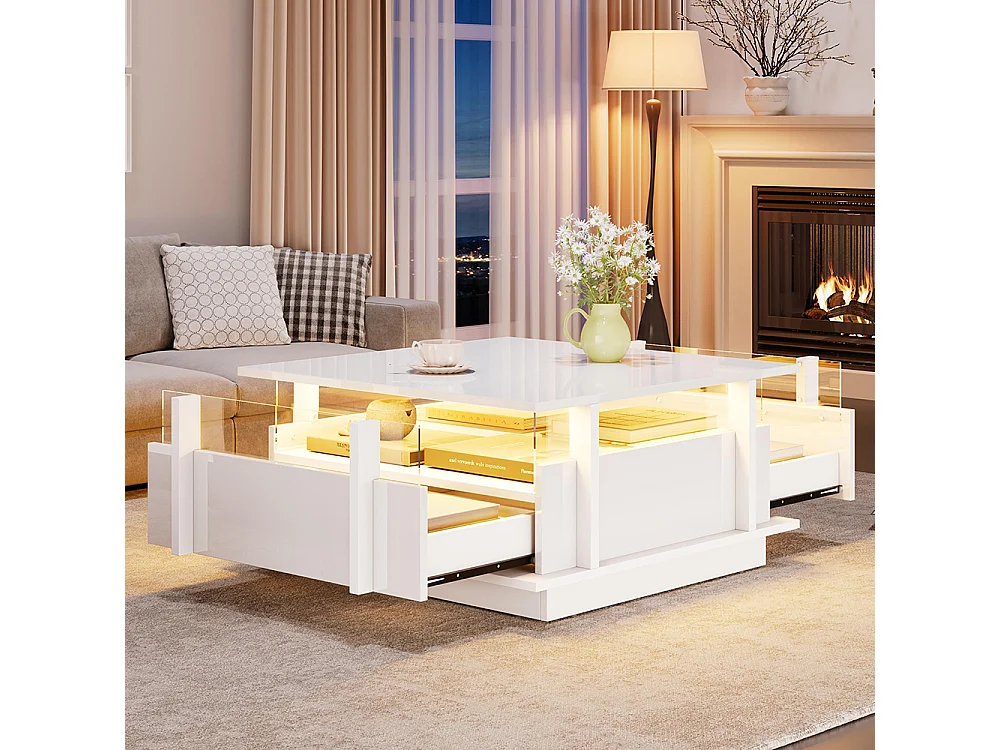 Table basse  70 x 70 x 35 cm, équipée de 2 tiroirs, d'un éclairage LED et d'une cloison en acrylique transparent, blanc