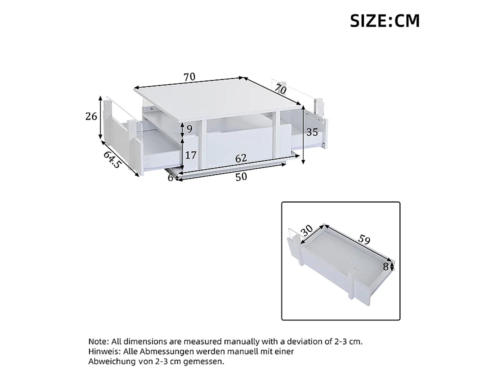 Table basse  70 x 70 x 35 cm, équipée de 2 tiroirs, d'un éclairage LED et d'une cloison en acrylique transparent, blanc
