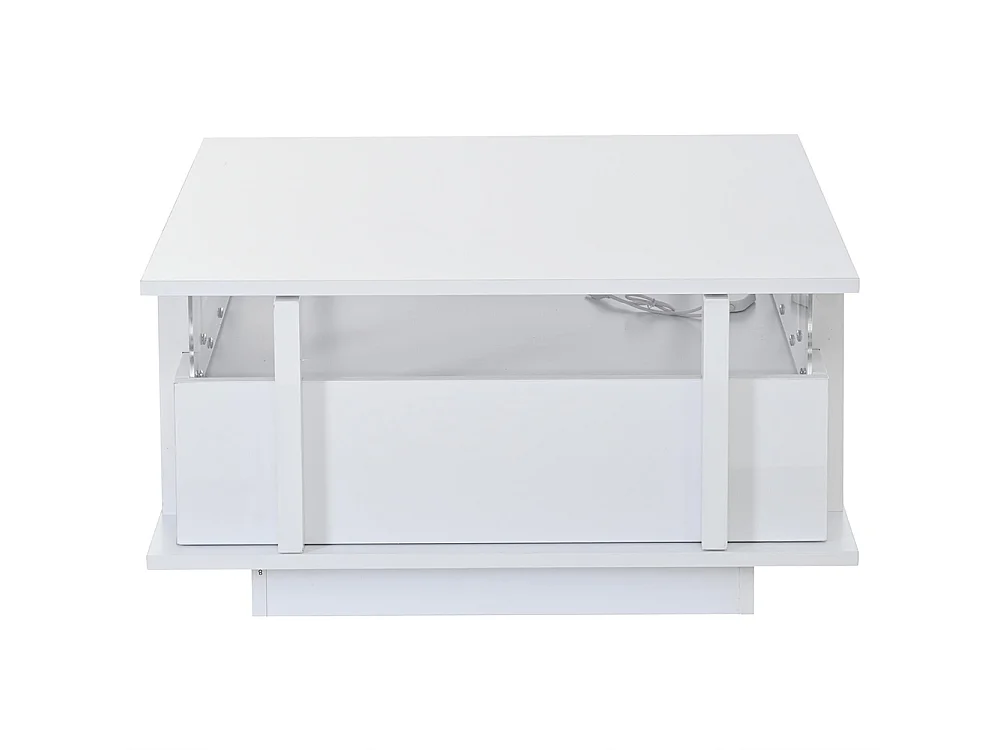 Table basse  70 x 70 x 35 cm, équipée de 2 tiroirs, d'un éclairage LED et d'une cloison en acrylique transparent, blanc