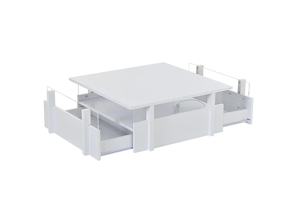 Table basse  70 x 70 x 35 cm, équipée de 2 tiroirs, d'un éclairage LED et d'une cloison en acrylique transparent, blanc