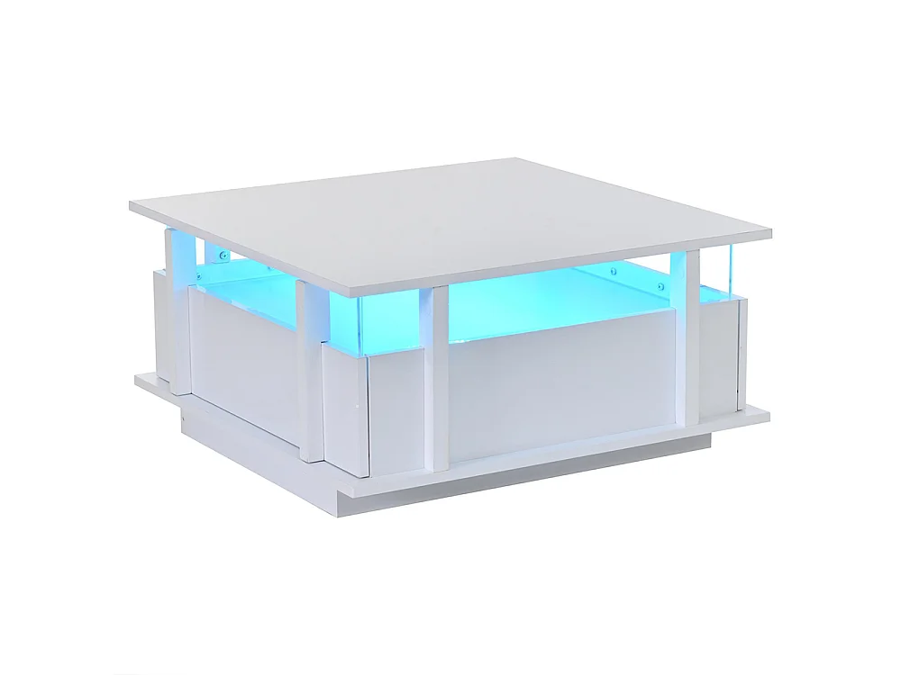 Table basse  70 x 70 x 35 cm, équipée de 2 tiroirs, d'un éclairage LED et d'une cloison en acrylique transparent, blanc