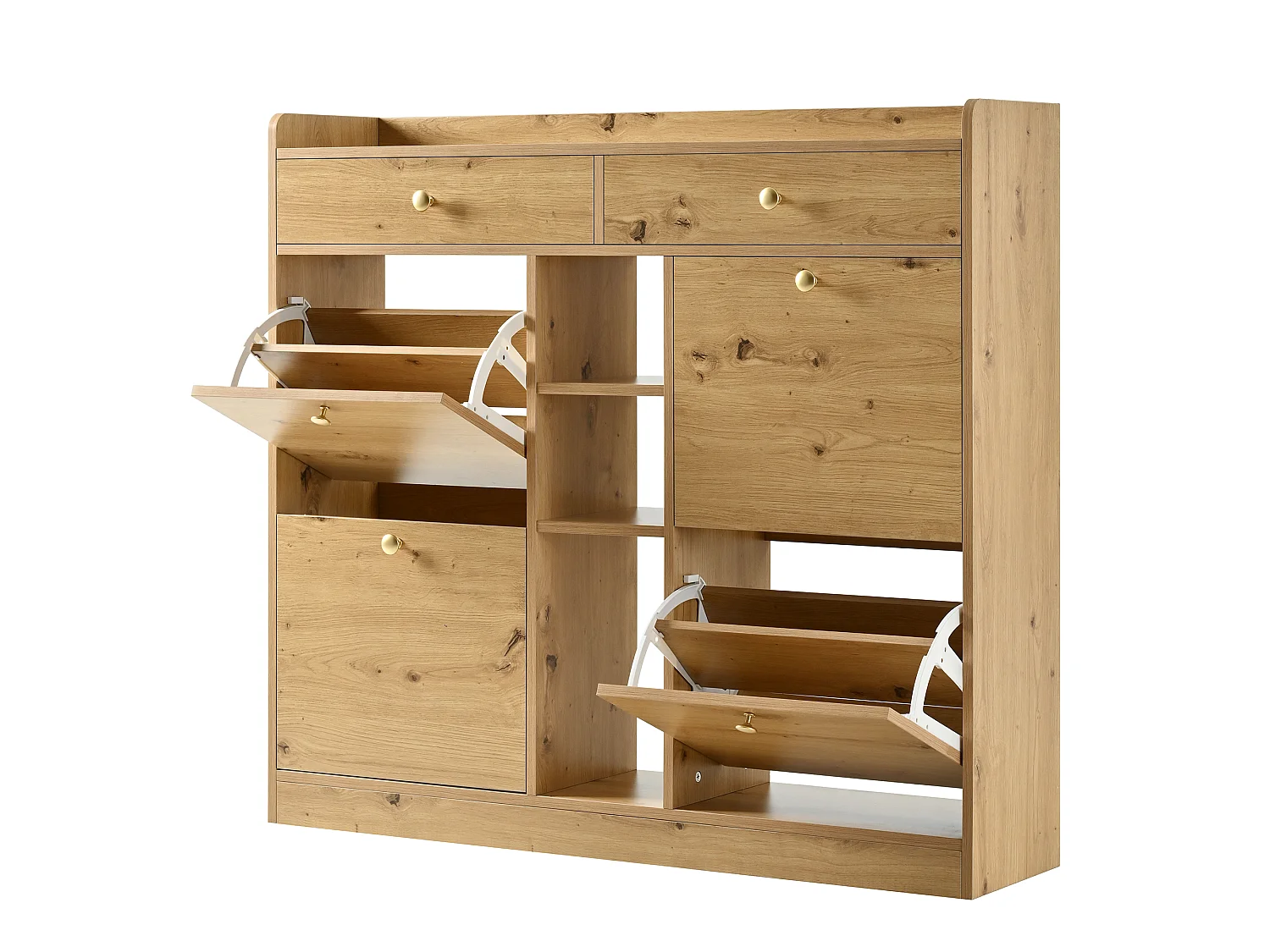 Meuble à chaussures, avec 4 portes battantes, 2 tiroirs et 3 étagères ouvertes, 110 x 26 x 100 cm, couleur naturelle