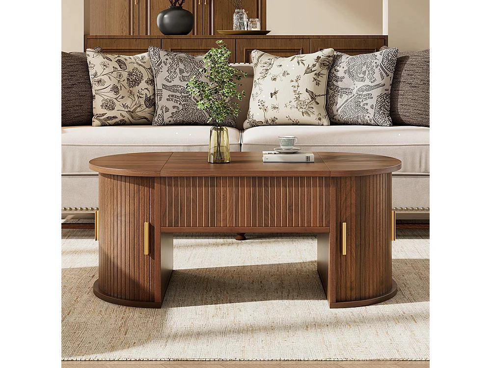 Table basse réglable en hauteur pour salon, étagères ouvertes, rangement caché, porte coulissante, couleur noyer