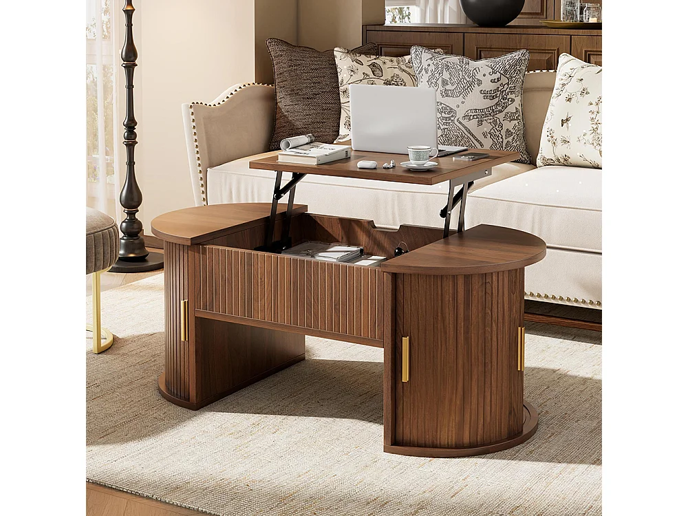 Table basse réglable en hauteur pour salon, étagères ouvertes, rangement caché, porte coulissante, couleur noyer